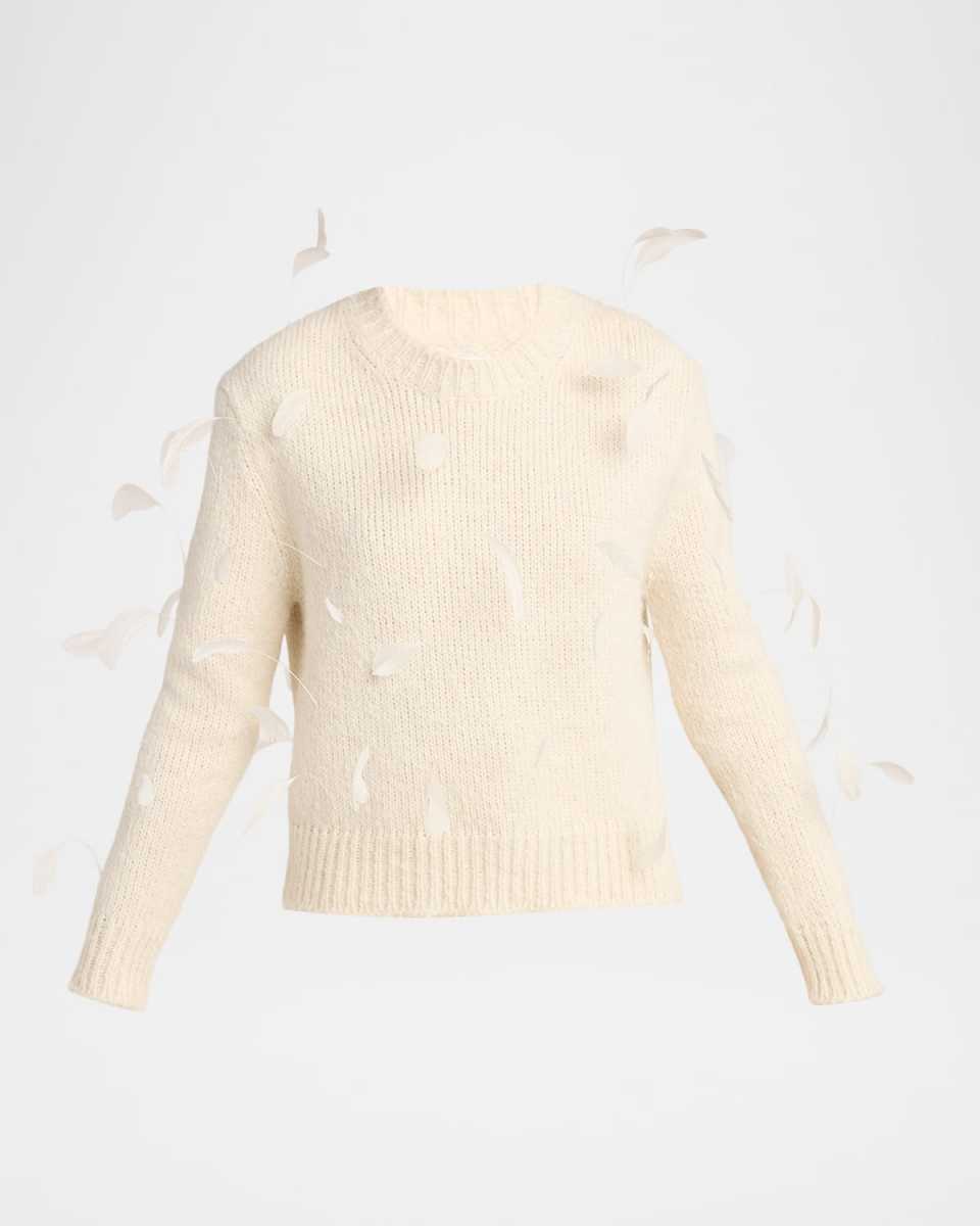 Feather-Trim Shrunken Wool Crewneck Sweater